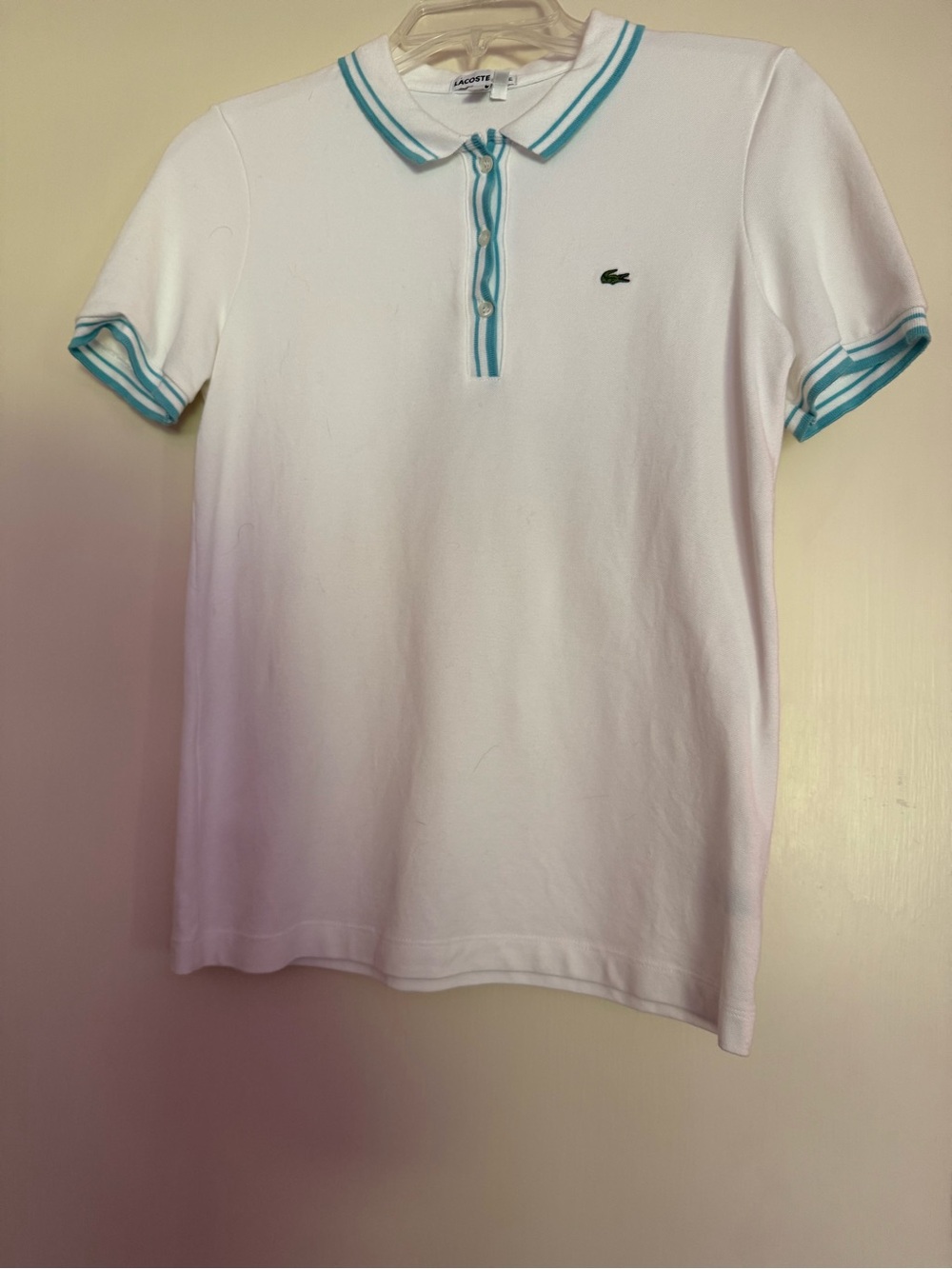Lacoste White Polo with Aqua Trim and Crocodile Logo